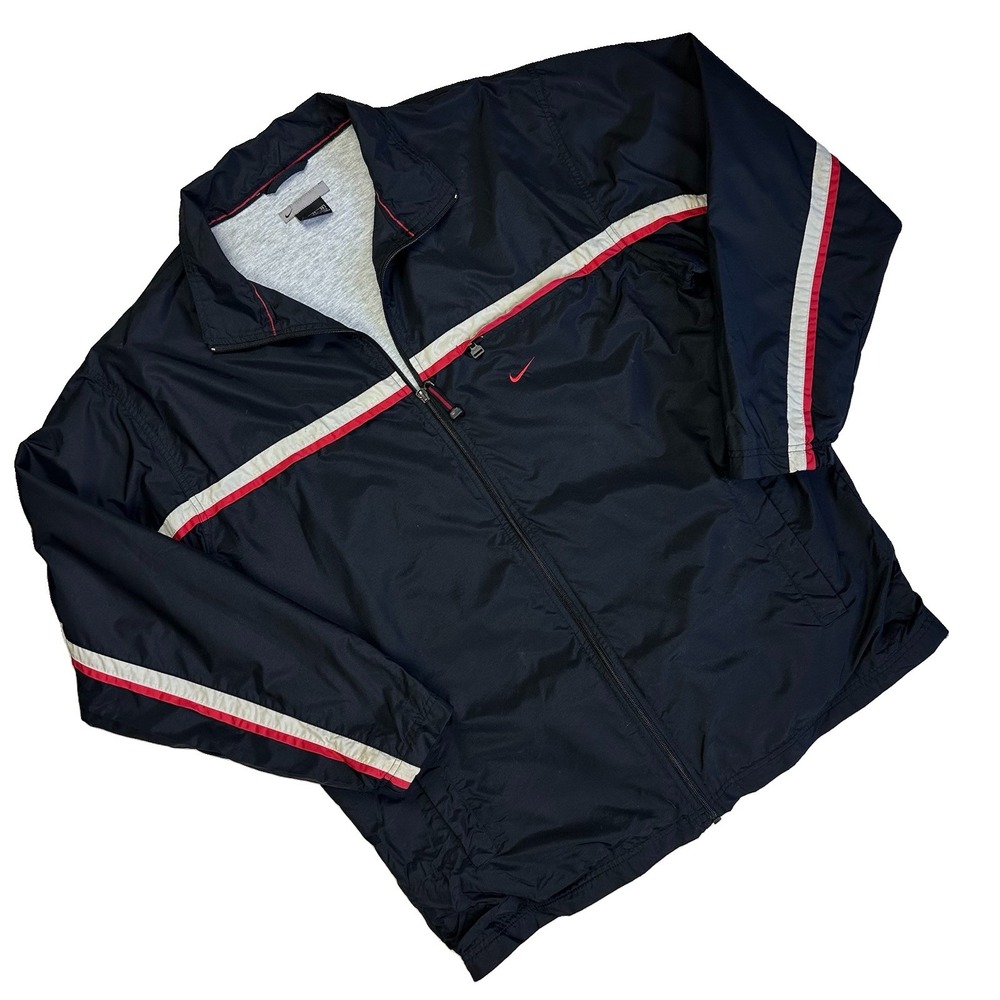 Vtg Y2K Nike Windbreaker Track Jacket Lined Lightweight Men XL Black Red Stripe